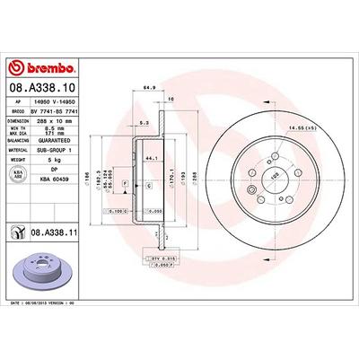 Brembo Bremsscheibe Hinterachse Voll [Hersteller-Nr. 08.A338.11] für Toyota