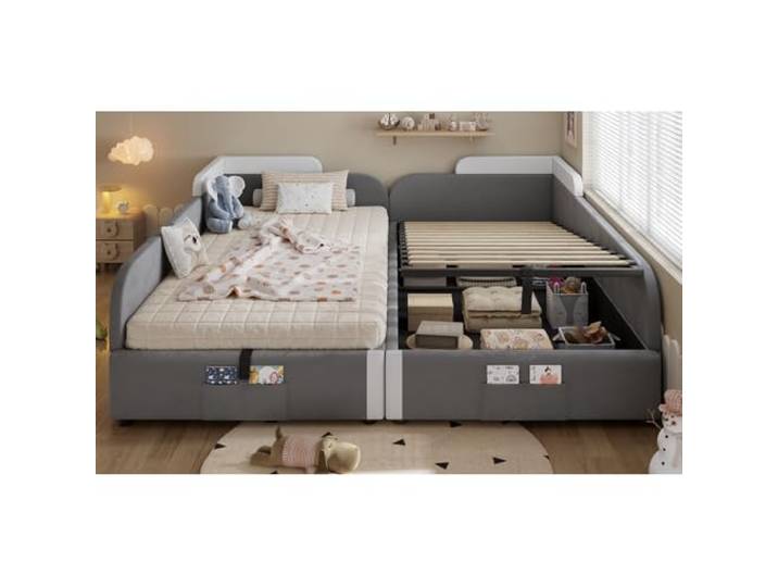 XINGNING Polsterbett Einzelbett Mit Stauraum Hydraulischer Bettkasten, Gepolsterter Rand, Aufbewahrungstasche, Samtbezug (White+Gray + Velvet + 90cm*200cm-2)