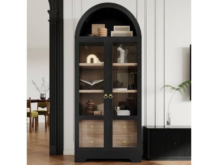 I0I&I0I Highboard mit Glas Stauraumschrank Verstellbare Regalböden und Schubladen für Esszimmer Wohnzimmer Küche (Black + MDF+Glass)