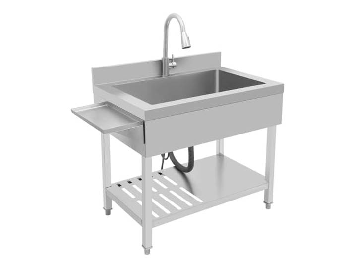 KKVUIIFF Freistehende Edelstahl Spültisch, Großer Gewerbliche Spülbecken, Küchenspüle mit Wasserhahn & Ablassvorrichtung, bis Tragfähigkeit 150kg, 90 x 57 x 94 cm (Silber)