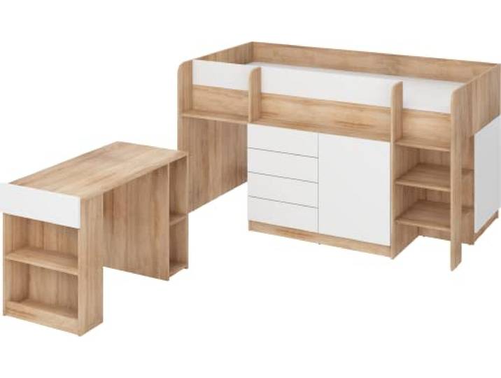 FurnitureByJDM Hochbett mit Schreibtisch, Schubladen & Bücherregal Platzsparendes Kinderbett 90x200 cm Matratzengröße – Rechtsseitige Treppe – SMILE (Eiche Sonoma/Weiß)
