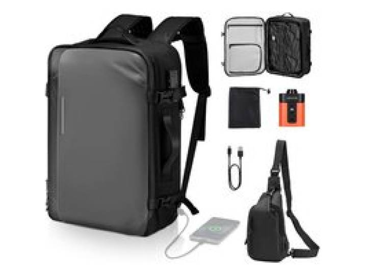 VEVOR Vakuum-Reiserucksack, 65 L, erweiterbarer Vakuum-Kompressions-Reiserucksack mit Pumpe, mit TSA-zugelassenem Schloss, USB-Ladeanschluss, wasserabweisendes Handgepäck, für Business, Grau