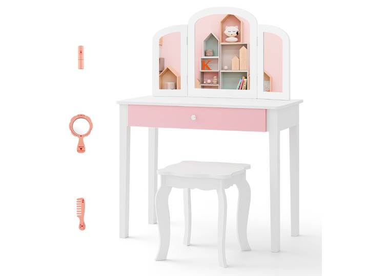 Kaptafel & Kruk voor Kinderen Kaptafel met Lade Inklapbare Spiegel en Accessoires Make-uptafel met Afneembaar Blad Wit