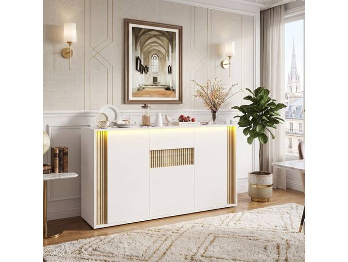 Buffet Enfilade 140x40x82 cm Grand Rangement LED Design Soigné Effet Lattes Bois 3 Portes 1 Tiroir - Blanc et Naturel
