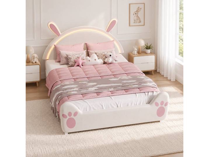Simurq Polsterbett Kinderbett 140x200 cm Mädchenbett mit LED (1 tlg, Doppelbett mit Hasenform Kopfteil), Jugendbett mit Lattenrost, Modernes Design, Samtbezug