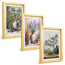 BILDER SET 3er Set - 20x30 cm Goldrahmen - Olivenblüten in Vasen im Hintergrund