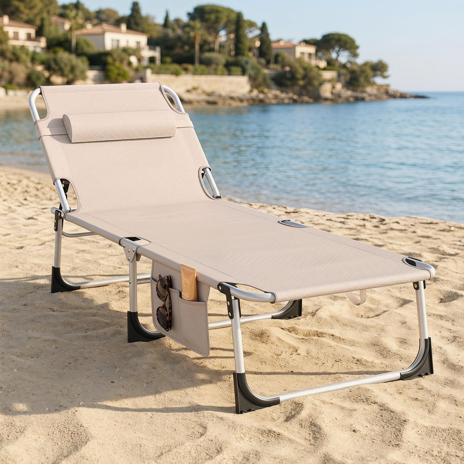 YARDIN Set van 2 Strandligbedden met Hoofdkussen, Khaki