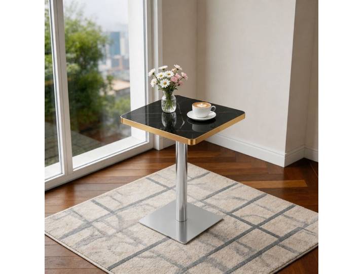 Table à manger carrée - Plateau effet marbre - Bord doré - Structure métallique - Base carrée stable - Antirouille