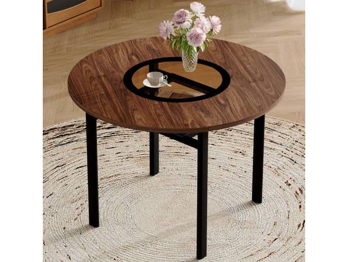 Table ronde moderne - 100 cm - Bois brun - Verre brun-gris - Métal noir