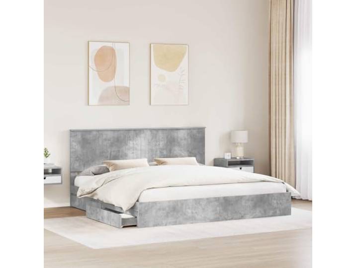 KTHLBRH Boxspringbett Zementgrau 200 x 200 cm Technisches Holz, mit Kopfteil, integrierte Schubladen, einfache Montage