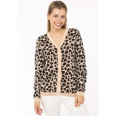 Strickjacke ZWILLINGSHERZ "Gestrickter-Leo", Damen, Gr. S/M, beige, Strick, Obermaterial: 100% Baumwolle, Strickjacken Strickjacke, mit Knöpfen, mit Leomuster aus reiner Baumwolle