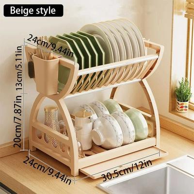 Uplift Essentials Multi Layer Bowl & Plate Storage Rack With Integrated Cutlery Holder beige