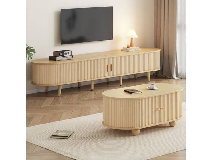 VUENOR Ensemble meuble TV et table basse ovale bois clair MDF - rangement salon moderne