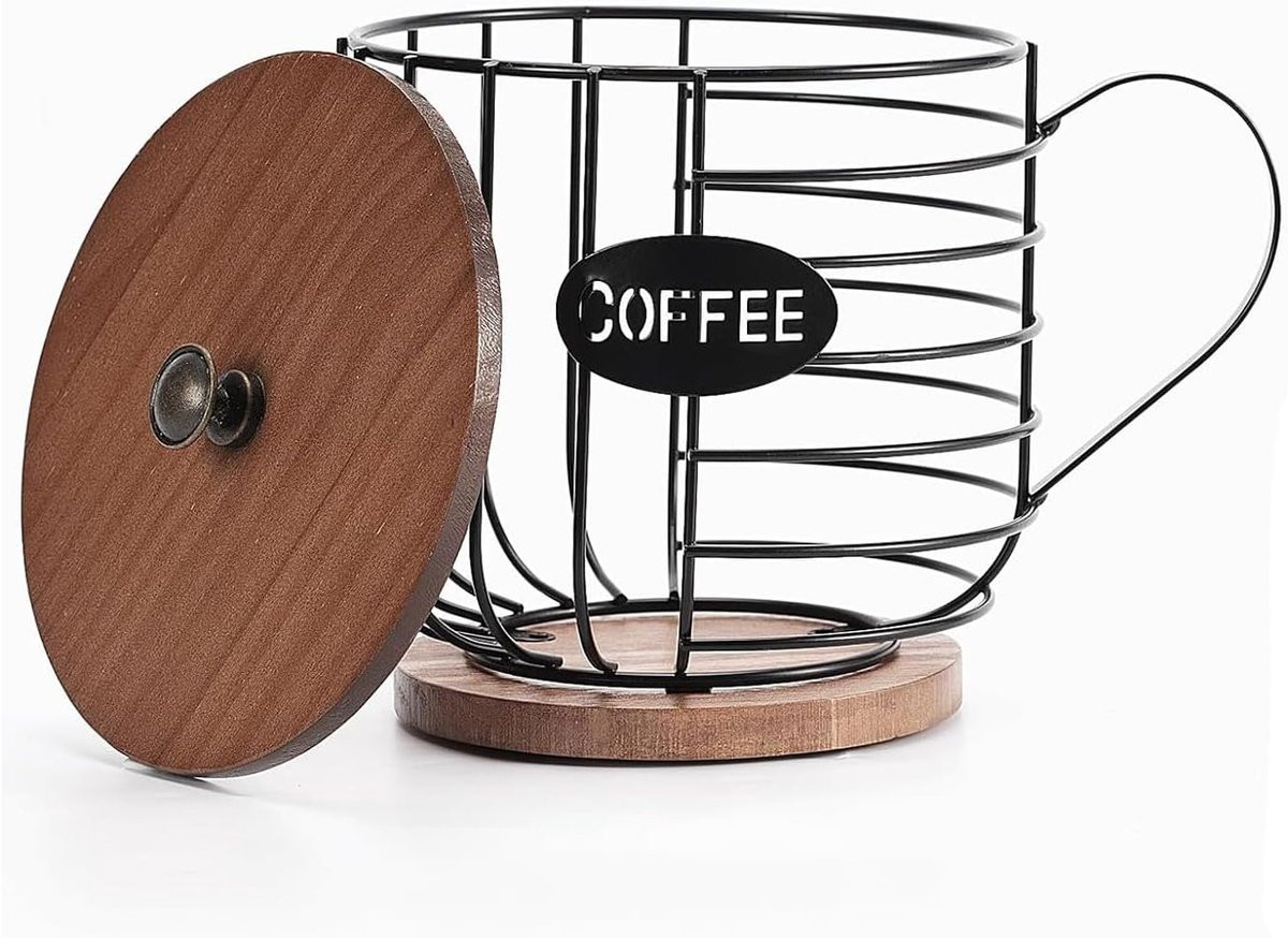 Rustieke koffiepadhouder met houten deksel en opbergmand van ShopVlot