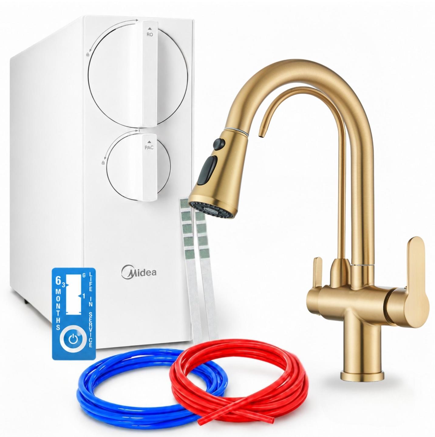 Umkehrosmose Wasserfiltersystem Ari 800 Gpd Mit 3-Wege-Küchenarmatur, Zweigriffarmatur, 360 Grad Schwenkbar, Ohne Wassertank, Messing, Gebürstetes Gold