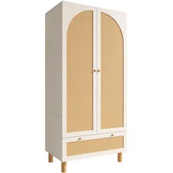 KLEIDERSCHRANK Weiß mit Rattan & Schublade Landhausstil 180×85×52 cm