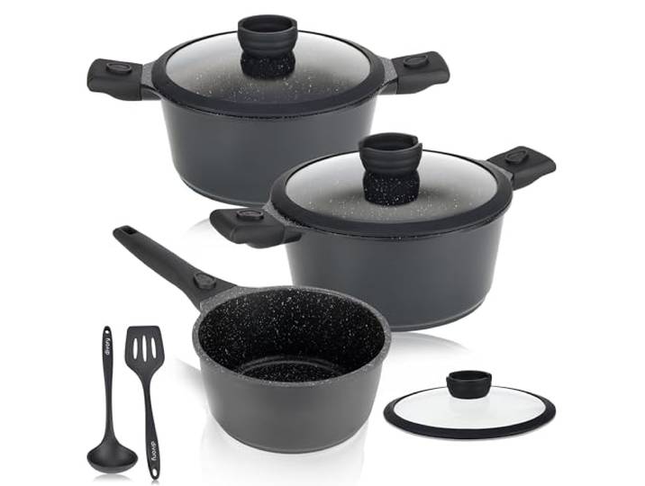 DIVORY Topfset - 8-tlg abnehmbare Griffe - Stielkasserolle 18cm, Kochtopf 20cm, Topf 24cm mit Deckel, Induktion Kochtöpfe, beschichtete Töpfe, Spülmaschinenfest & Backofenfest