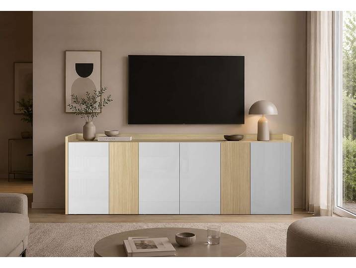 Sideboard GOODPRODUCT Sideboard ALTEA, Kommode, Schrank, Kredenz , eiche chopin, weiß hochglanz lackiert, B:220cm H:75cm T:40cm, Sideboards, Sideboard, Mit 6 Drehtüren, 6 Innenfächer, B.220 cm