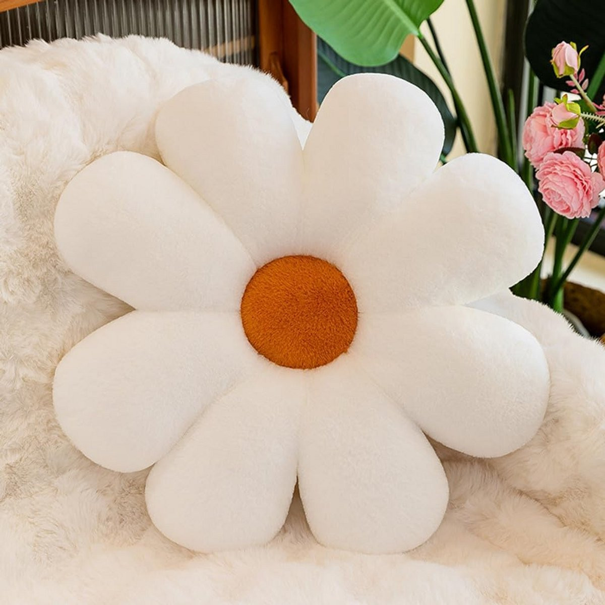 Merkloos Bloem Kussen Zitting met Daisy Design - Comfortabel Pluche Sierkussen voor Bank en Stoel - 50 cm