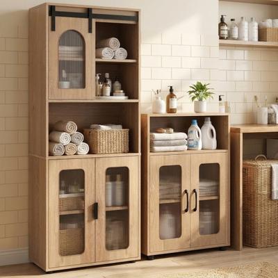Costway Bathroom Cabinet Set with 59 Inch Tall Cabinet and 2-Door Floor Cabinet-Natural