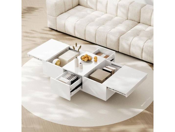 Table Basse Haute Brillance Table de Salon Blanc avec Rangement Push-Pull Tiroirs Double Face Table Basse Bois Extensible Cachés