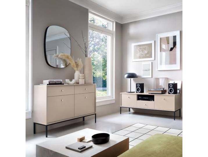 Lomadox Wohnzimmermöbel Wohnwand beige, Fußgestell schwarz, 2-teilig, 1 Kommode, 1 Lowboard