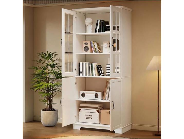 MEUBLIV Vitrine haute blanche 80 x 38 x 180 cm 4 portes dont 2 vitrées 5 niveaux style campagne