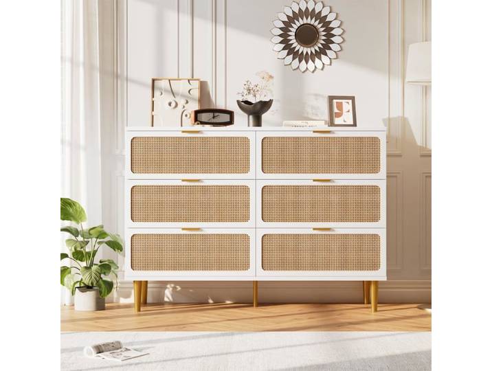 Commode rotin 6 tiroirs double profondeur dessus large blanc chambre salon couloir enfant