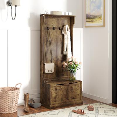 "HOMCOM 28"" 3-In-1 Entryway Hall Tree with Storage Bench, Coat Rack with Four Hooks and Shoe Storage, Gray"