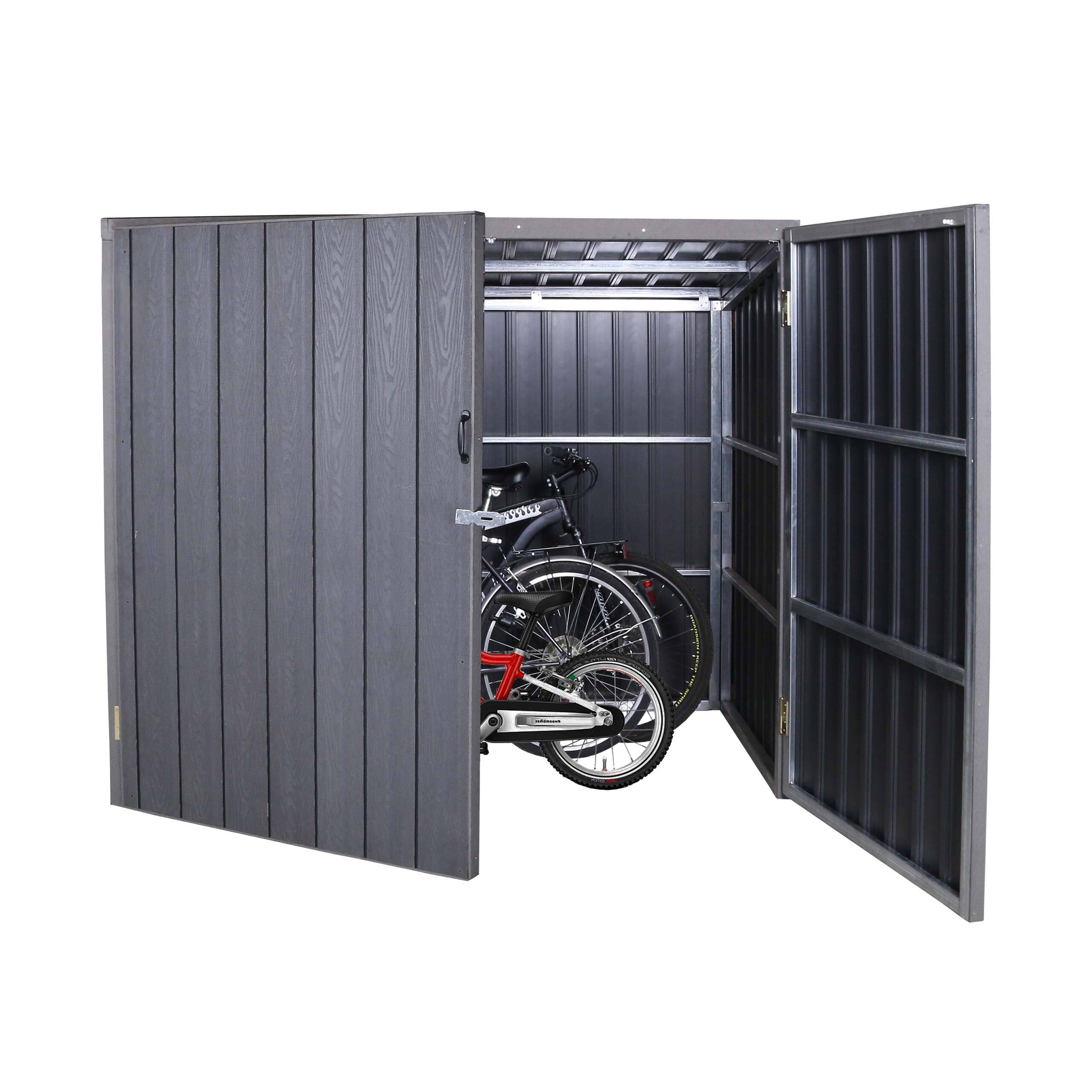 WPC-Fahrradgarage MCW-J29, Geräteschuppen Fahrradbox, Metall Holzoptik abschließbar 4 Räder 172x213x160cm grau