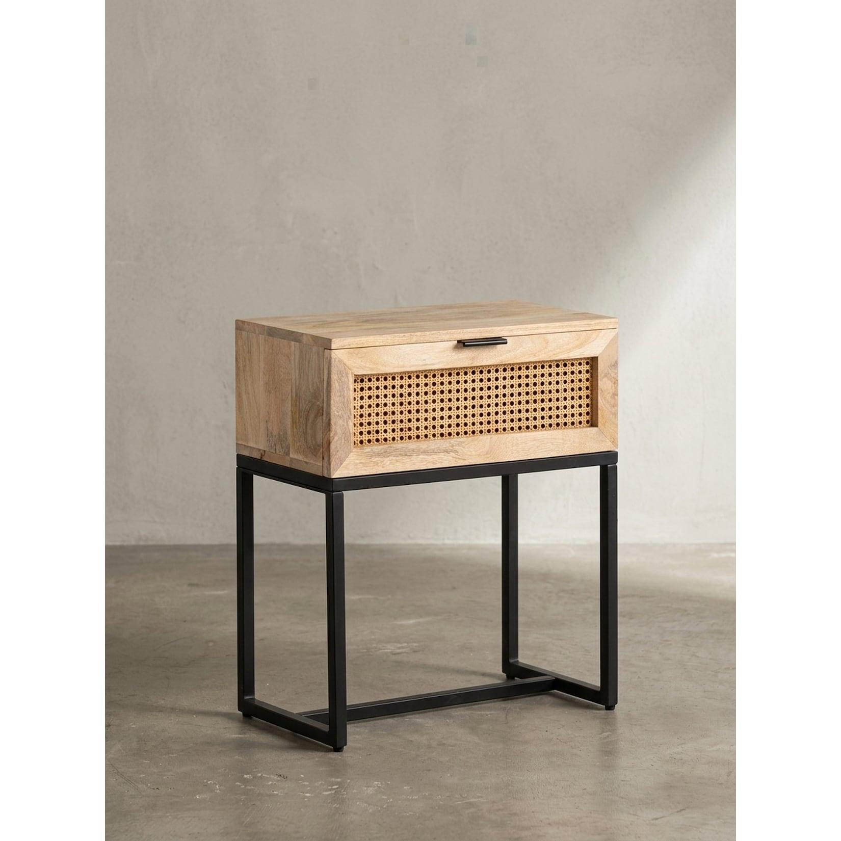 Nachttisch – Mango Massivholz/Rattan, 50x60x30 cm, 1 Schublade, Wiener Geflecht