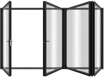 "KaMic Elite-Fold 120"" x 96"" 4-Panel Aluminum Folding Door in Black with Hidden Hinges & Rollers, Folded Out From Right To Left"