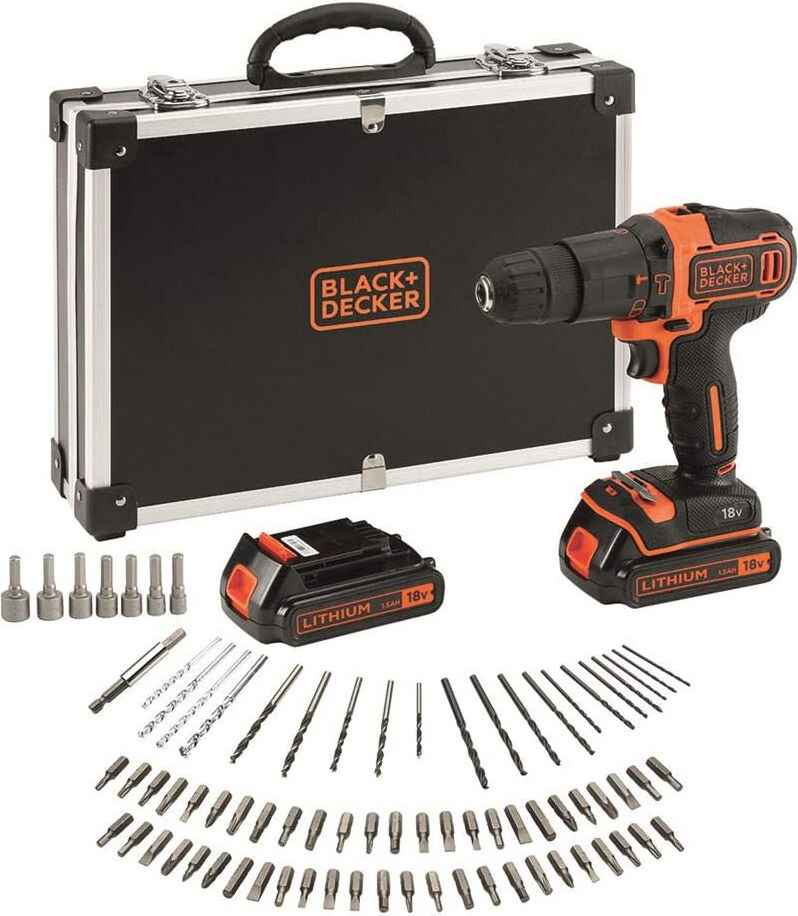 Black & Decker Bdchd18bafc Trapano Avvitatore Con Percussione Con Doppia Batteria 18,0 V Litio 1,5 Ah Valigetta Diplomatica + 80 Accessori - Bdchd18bafc