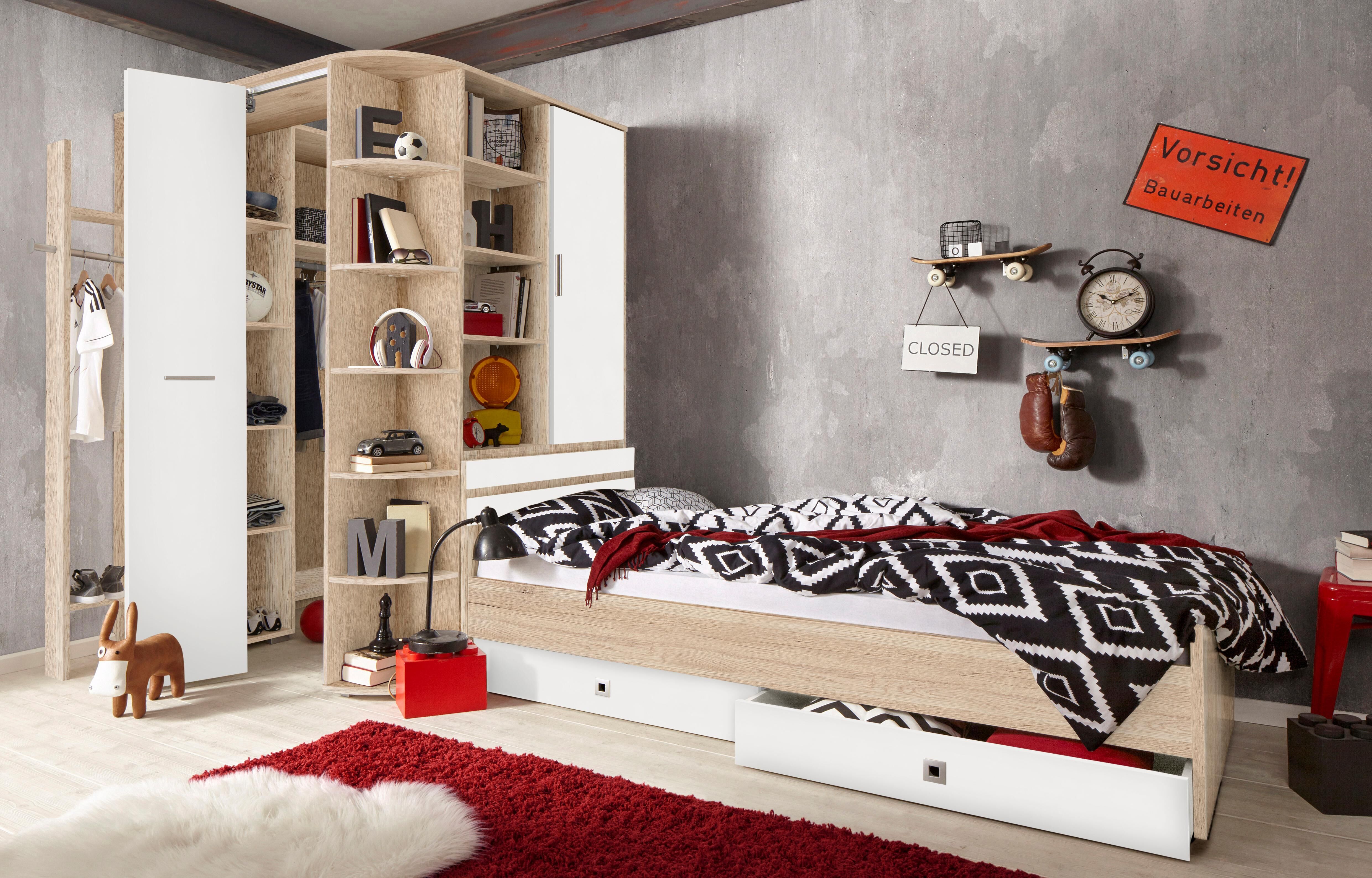 Jugendzimmer-Set WIMEX "Joker Kleiderschrank mit Garderobe, Bett und Stauraumschubladen", beige (eichefarben san remo, weiß), Schlafzimmermöbel-Sets, Jugendzimmer-Set eichefarben san remo, weiß Einheitsgröße