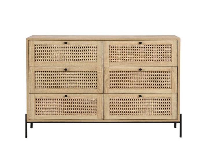 Commode 6 tiroirs en cannage naturel et effet chêne 120 cm - Iris