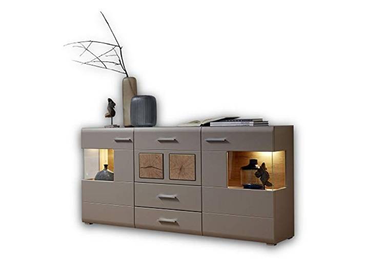 Stella Trading Fun Plus 2 Sideboard Kommode in Basalt mit LED-Beleuchtung 170 x 94 x 42 cm (B/H/T), Hirnholz-Applikationen, Eiche Dekorböden, 2 Holztüren, 3 Softclose-Schubladen