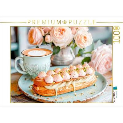 CALVENDO Puzzle Cappuccino mit Éclair und Rosen | 1000 Teile Lege-Größe 64x48cm Foto-Puzzle für glückliche Stunden