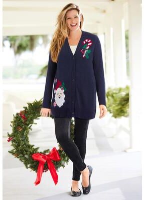 Plus Size Women's Holiday Motif Cardigan Sweater by Woman Within in Navy Happy Santa (Size 2X)