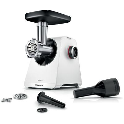BOSCH Fleischwolf "Serie 4 MFWS420W, 1900 W Blockierlei., 2 Flügel-Messer, 2 Stufen, weiß", weiß, B:17,5cm H:24cm T:23cm, Zerkleinerer, Metallkupplung, Wurststopfer, 10 J Motorgarantie, Rücklauffunktion