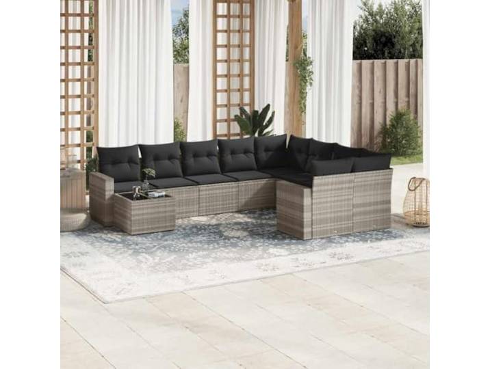 ZQQLVOO 10-TLG. Poly Rattan Sofagarnitur Hellgrau mit Kissen Modulares Design, abnehmbare waschbare Bezüge, Tischplatte aus Hartglas, wetterbeständig