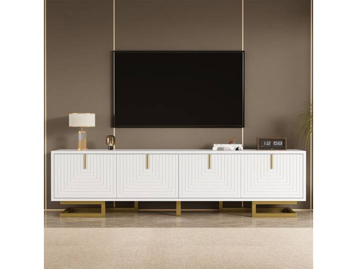 Meuble TV - MODERNLUXE - 160x38x44.5 cm - 4 portes - Pieds dorés - Blanc