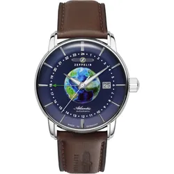Zeppelin Herrenuhr 84683 - Blaues Ziffernblatt mit silbernen Zahlen/Indices,Leuchtzeigern,braune Naht,dunkelbraun - 42mm