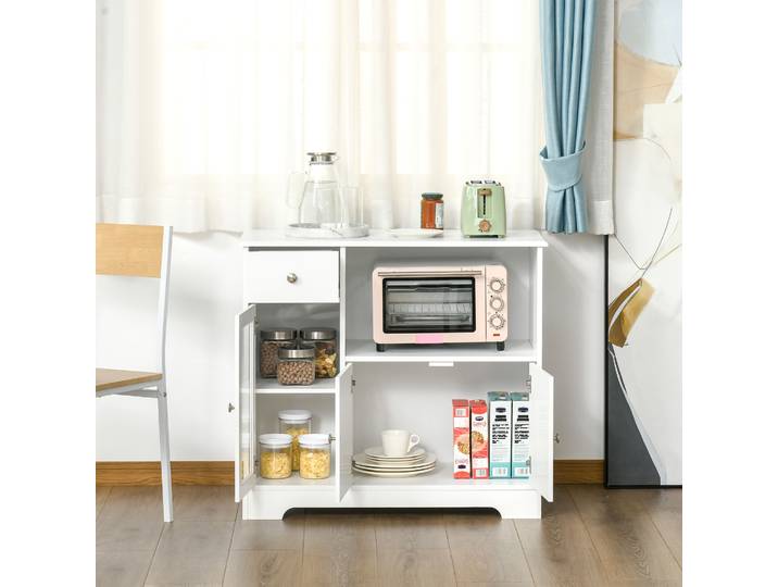 HOMCOM Buffet Cuisine Micro-Ondes Verre Bois Blanc