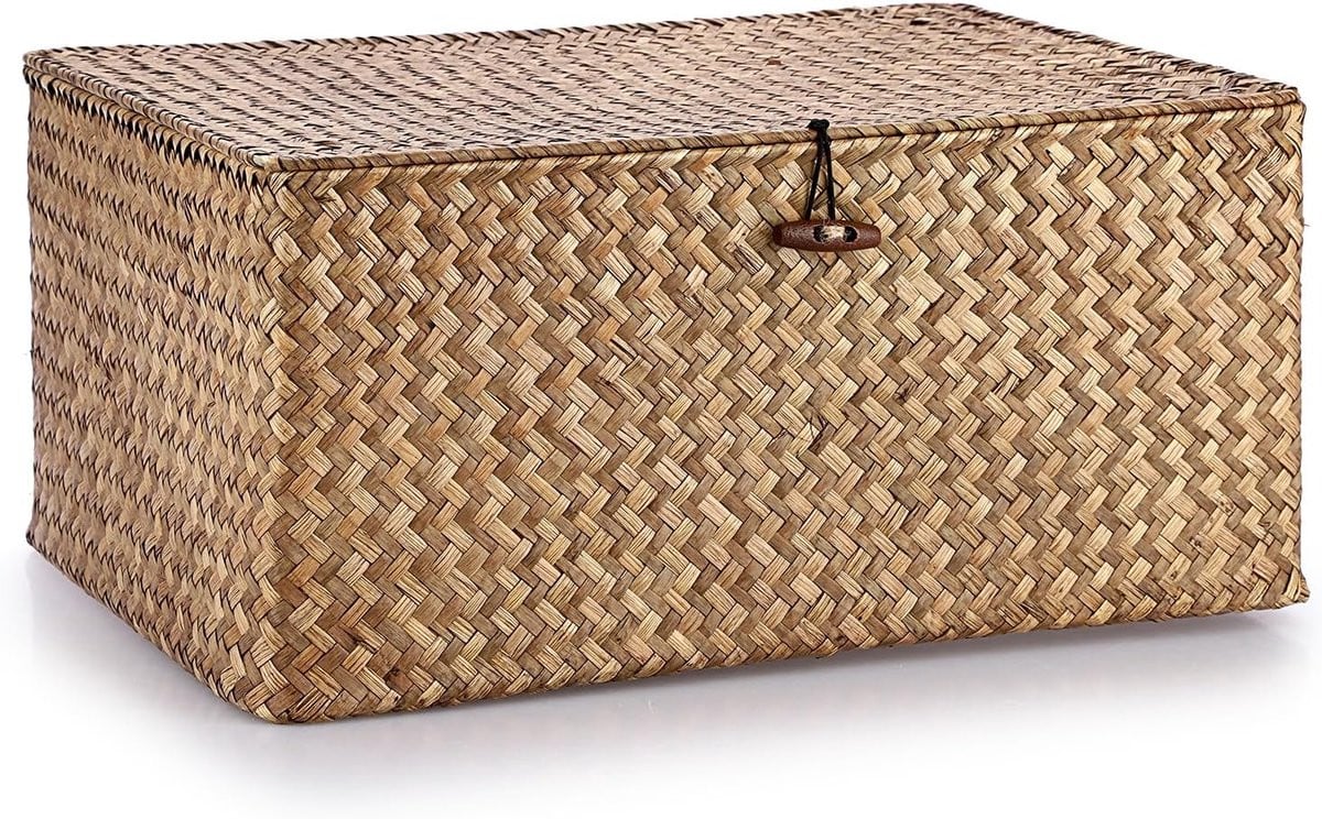 SnelShoppen XL Wicker Opbergbasket met Deksel - Handgemaakte Rieten Opbergmand in Ko - Decoratieve Mand voor Badkamer en Woonkamer