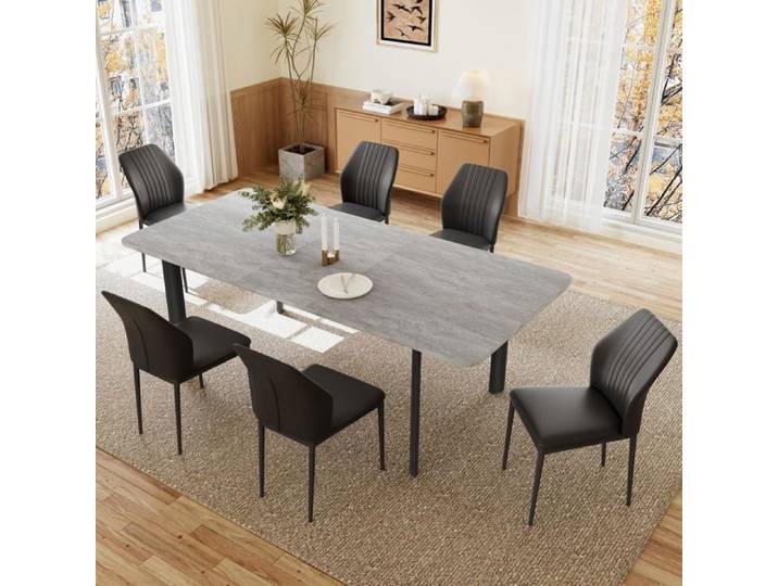 JIEXI Table à manger avec 6 chaises ensemble de salle à manger (Table grise 160-200 cm + 6 chaises noires)