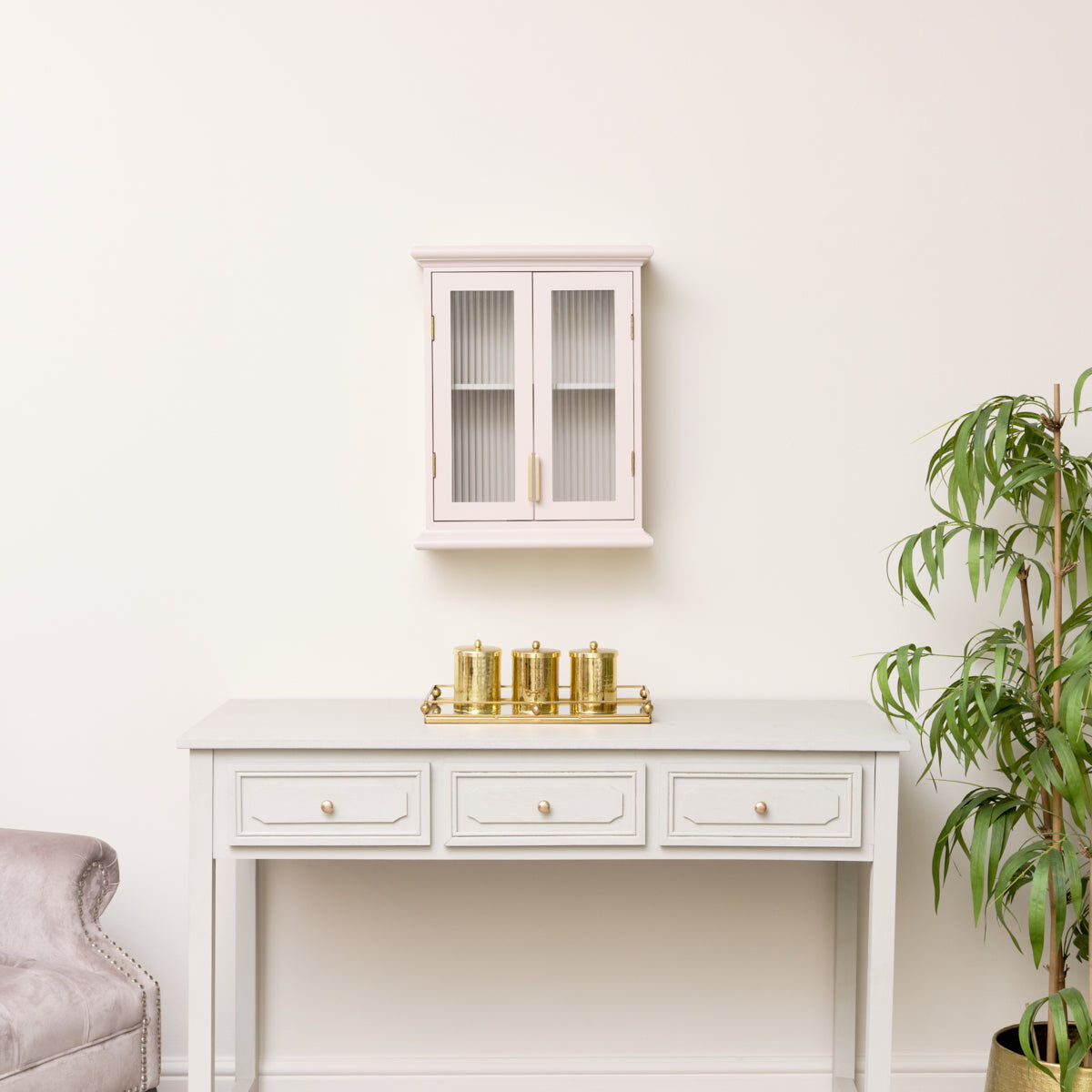 Pink Reeded Glass Wall Cabinet Wood, Glass, Metal
