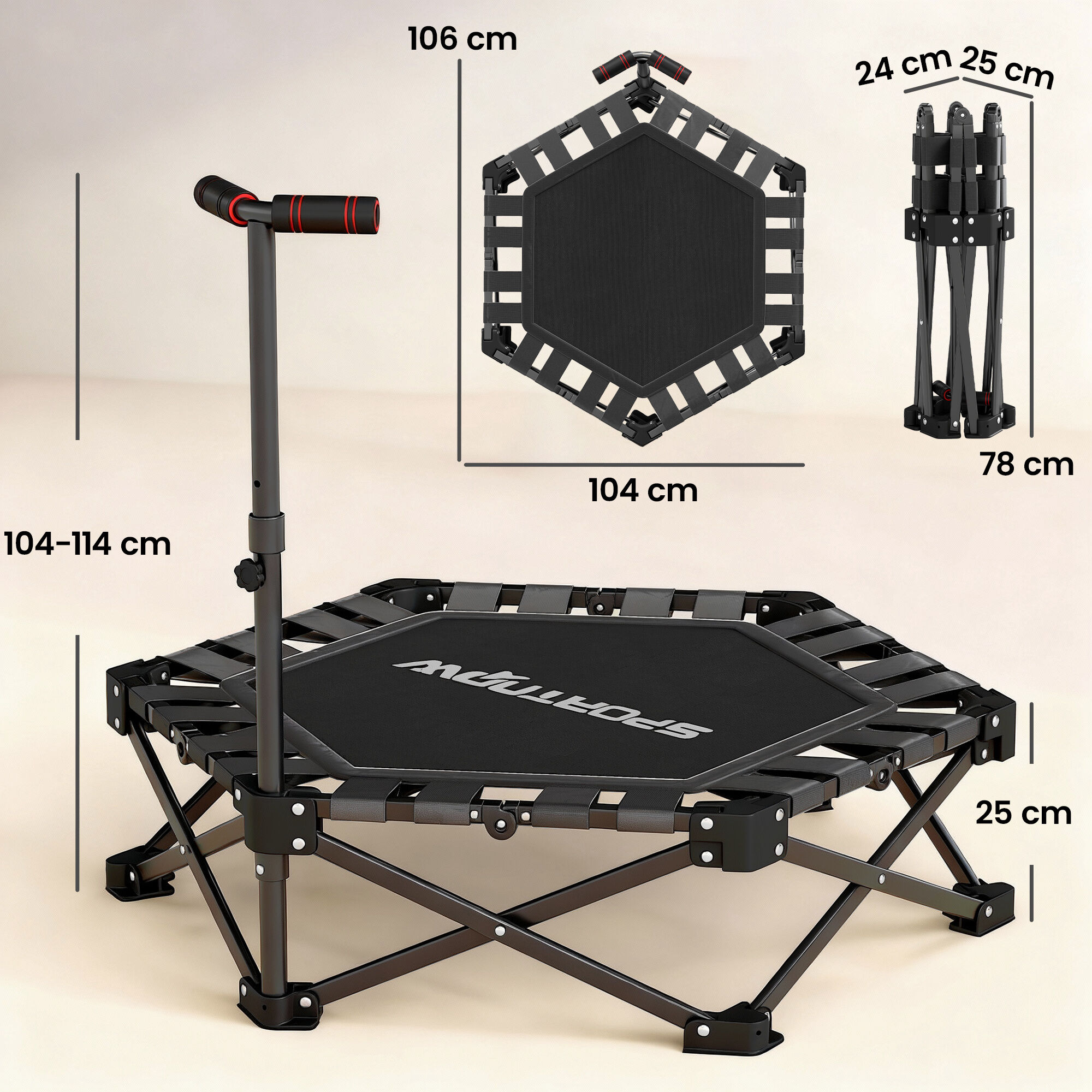Altro Trampolino Elastico Per Adulti Ø104cm Richiudibile, Con Sistema Di Apertura Chiusura In Un Solo Gesto, Maniglia Regolabile E 24 Molle Bungee, Nero