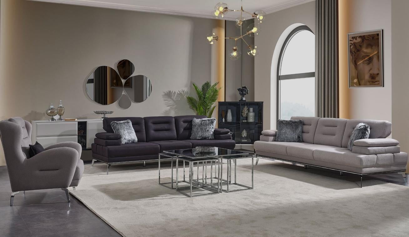 Moderne Luxus Sofagarnitur 331 met 3-zits sofa en fauteuil in grijze stof
