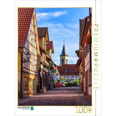 CALVENDO Puzzle Historische Bürgerhäuser in der Burgstraße mit Turm der evangelischen Kirche, Lindenfels im Odenwald in Hessen | 1000 Teile Lege-Größe