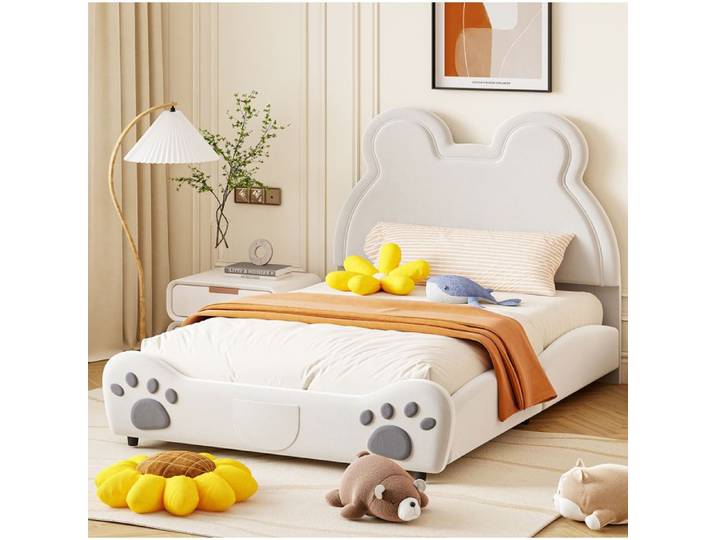 Lit enfant 140x200 cm en Velours Design Ours Rembourré Sommier à Lattes Blanc